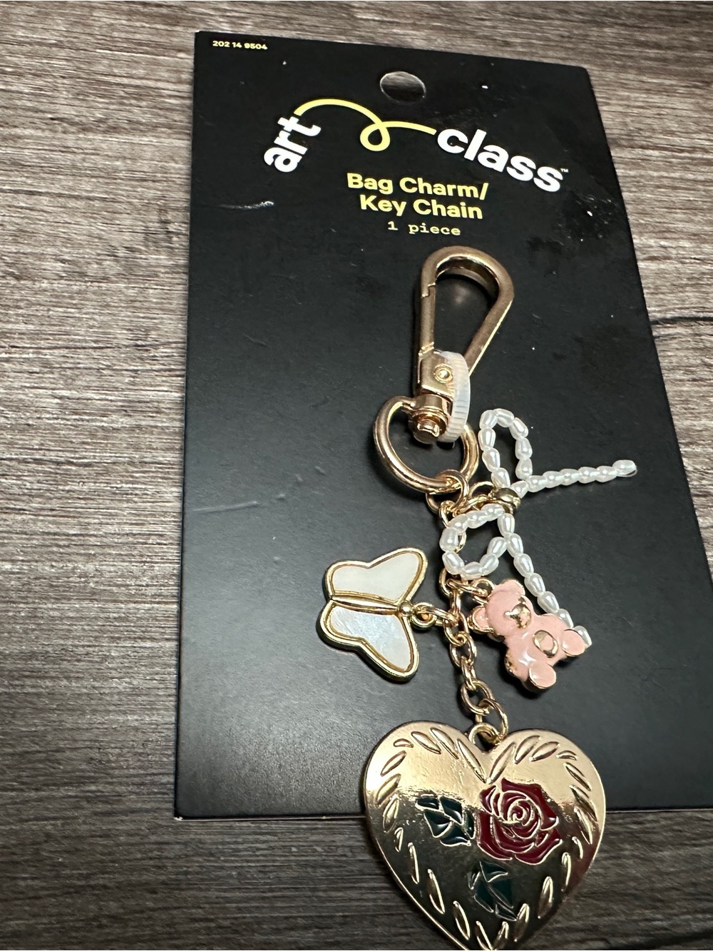 art class Gold Heart Keychain with Pink Bear & White Butterfly Beads